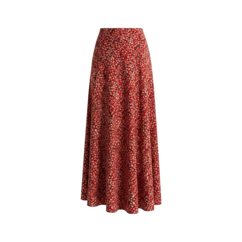 Red Ditsy Floral Maxi Skirt XS Side Slit High Rise Cottagecore Boho Chic Garden